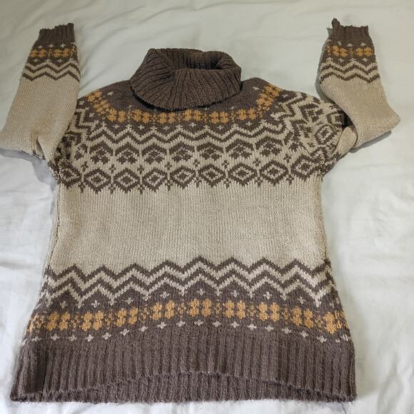 Becool Women's Fair Isle  M/L Cream/Taupe Cowl Neck Ski Style Tunic Sweater - Picture 8 of 12